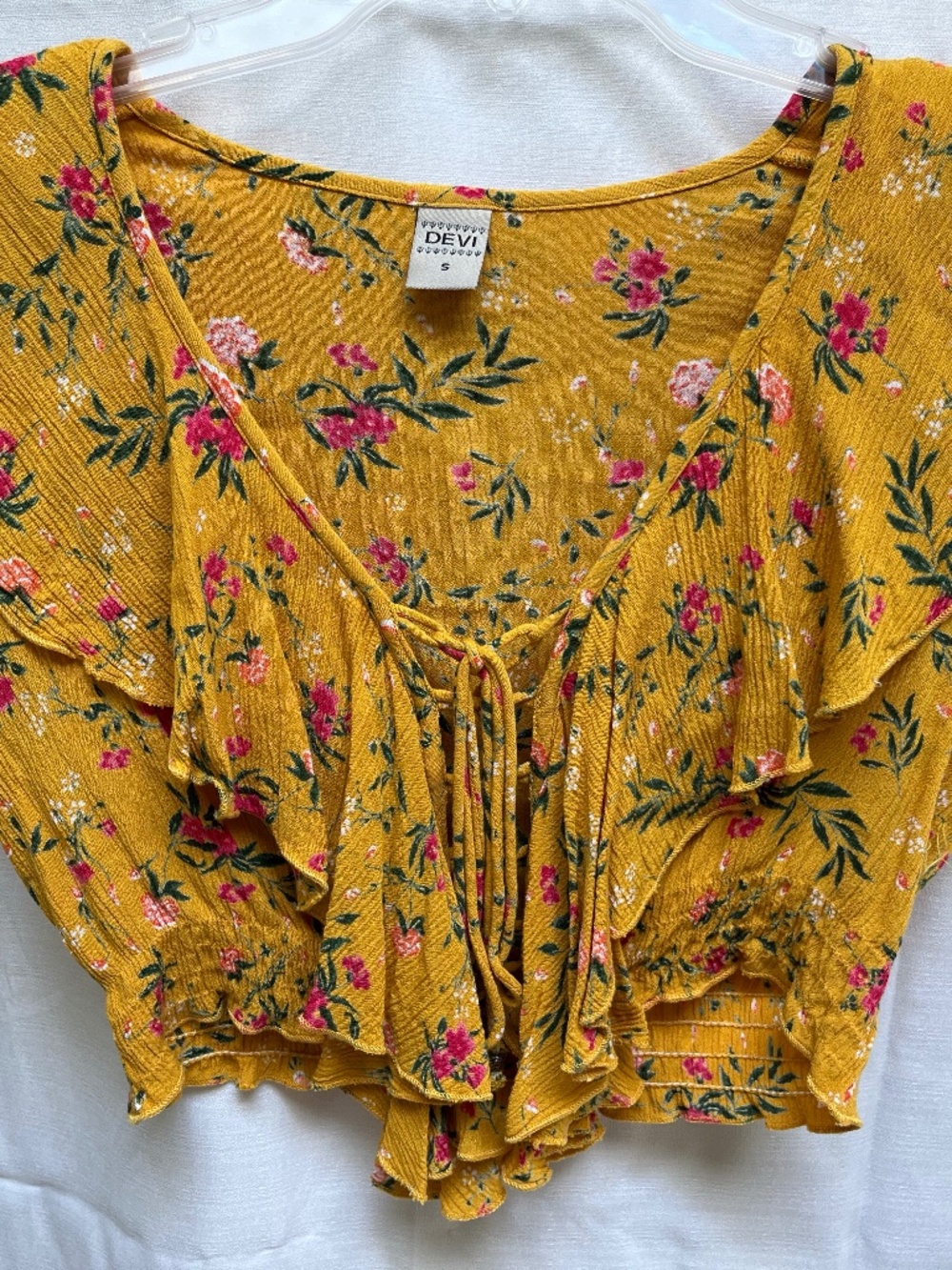 Yellow Flowered Ruffled Lace-Up Crop Top